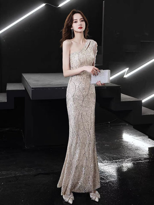 2021 One shoulder Sparkle Crystal Beaded Long evening Gowns Mermaid Prom Dresses ZF0006