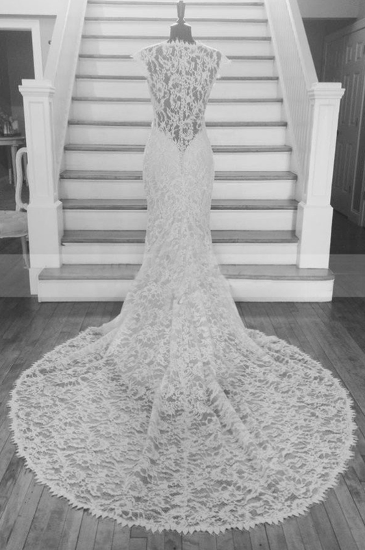 cap sleeves dark ivory v-neck lace mermaid Chapel Train wedding dress, WD108