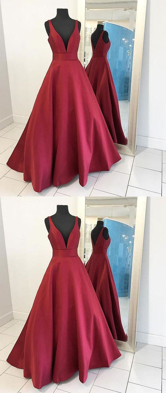 burgundy v-neck A-line satin long prom dress, PD45690