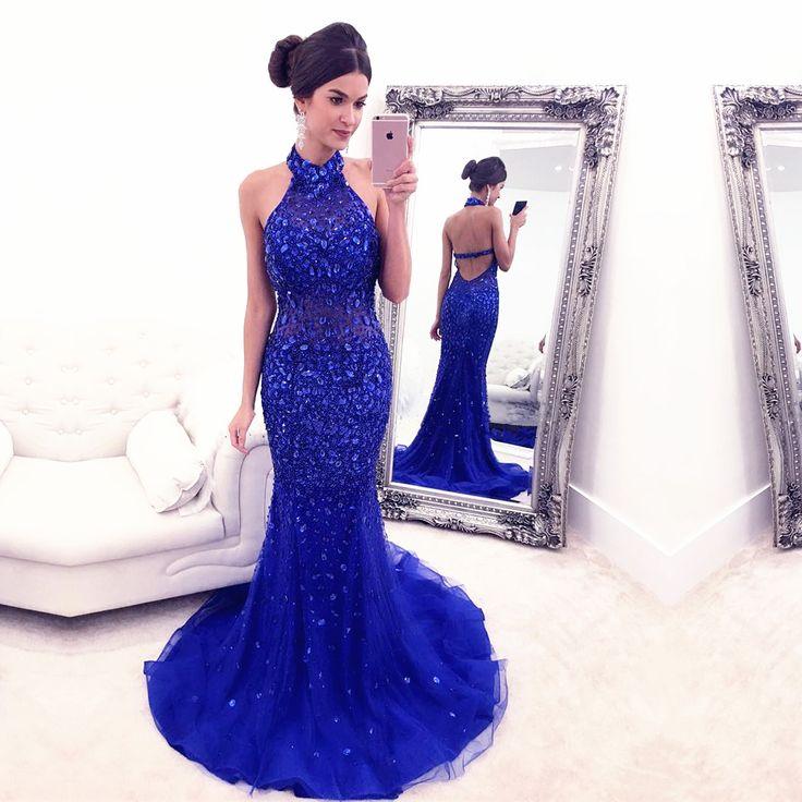 Shop Charming Royal Blue Beaded Halter Backless Mermaid Evening Dress - JLDressCA Shop Charming Royal Blue Beaded Halter Backless Mermaid Evening Dress - JLDressCA