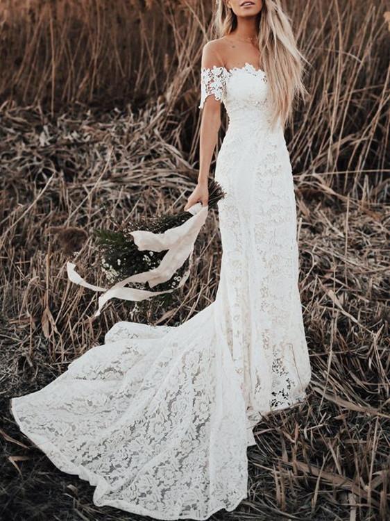 2022 Long Train Off-shoulder Sheath Beach Wedding Dress by JLDressCA 2022 Long Train Off-shoulder Sheath Beach Wedding Dress by JLDressCA