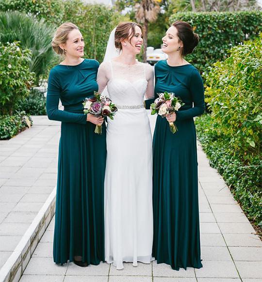 Modest Dark Teal Chiffon Long Sleeve Bridesmaid Dress - JLDressCA Modest Dark Teal Chiffon Long Sleeve Bridesmaid Dress - JLDressCA