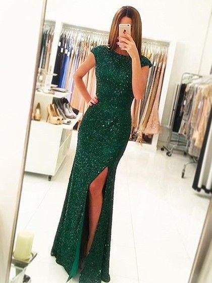 Green Prom Dress - Charming, Sparkling, Long with Cap Sleeves - JLDressCA Green Prom Dress - Charming, Sparkling, Long with Cap Sleeves - JLDressCA