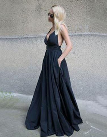 black long v-neck satin formal A-line prom dress, PD3440