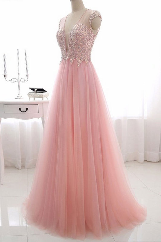light pink tulle beaded cap sleeves long prom dress, PD5218