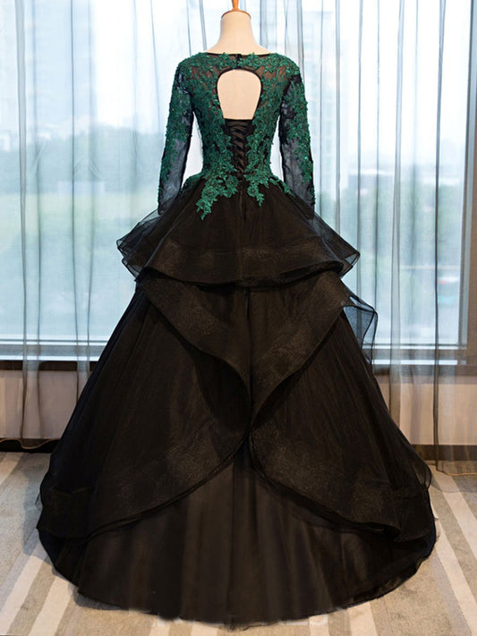 long sleeves A-line black with green lace top long prom dress, PD1854
