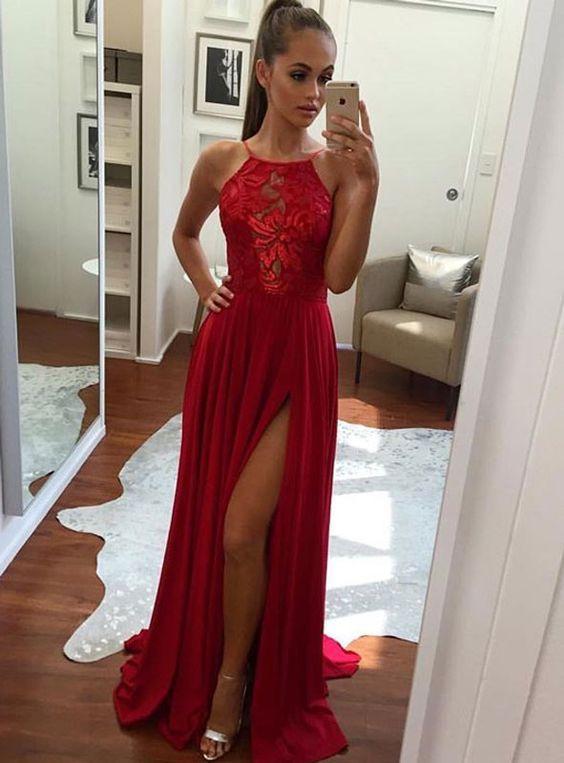 Red Long Chiffon Side Slit Prom Dress Cheap Evening Dress