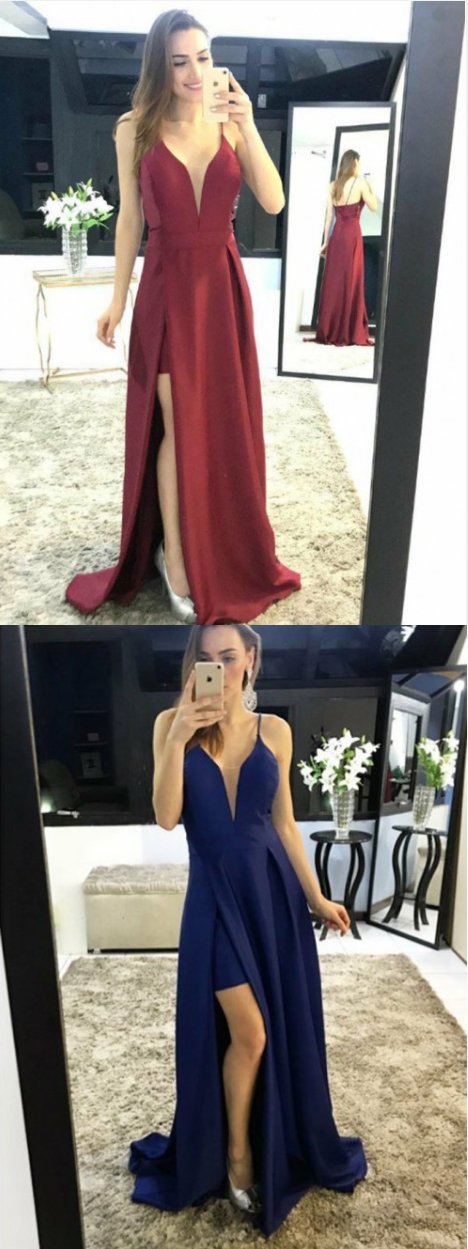 simple spaghetti straps long prom dress with side slit, PD02504