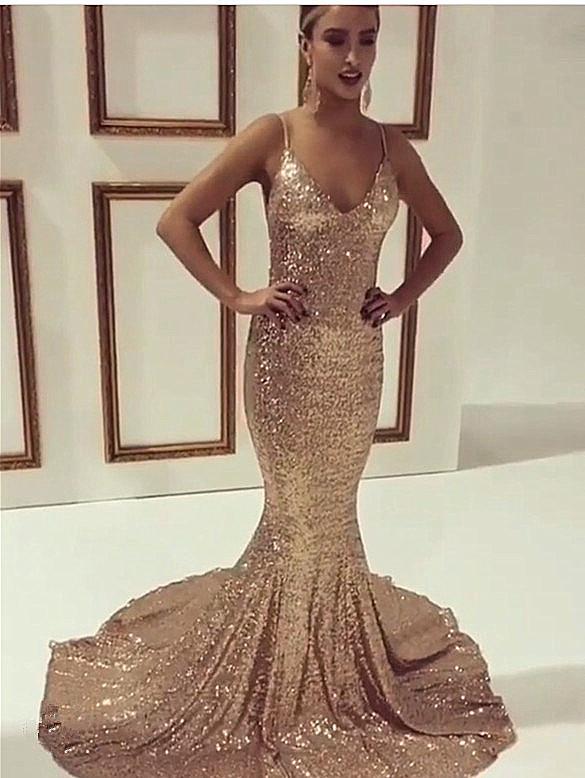 Gold Sequin Spaghetti Straps Long Mermaid Formal Sparkle Evening