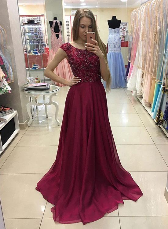Round Neck Fuchsia Cap Sleeves Chiffon Beaded Long Prom Dress | JLDressCA Round Neck Fuchsia Cap Sleeves Chiffon Beaded Long Prom Dress | JLDressCA
