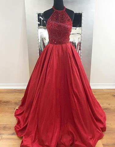 A-line Red Satin Halter Beaded Top Long Prom Dress | JLDressCA A-line Red Satin Halter Beaded Top Long Prom Dress | JLDressCA
