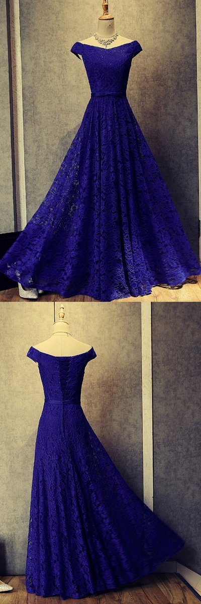 modest cap sleeves royal blue lace long prom dress, BD7675