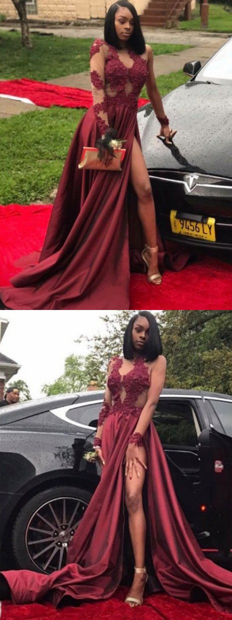 sexy burgundy long sleeves formal long prom dress with side slit, PD02503