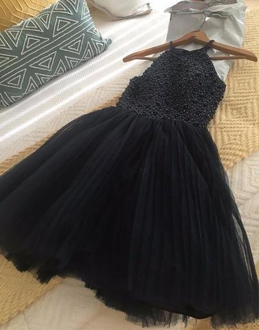 tulle beaded dark blue short homecoming dress, HD190