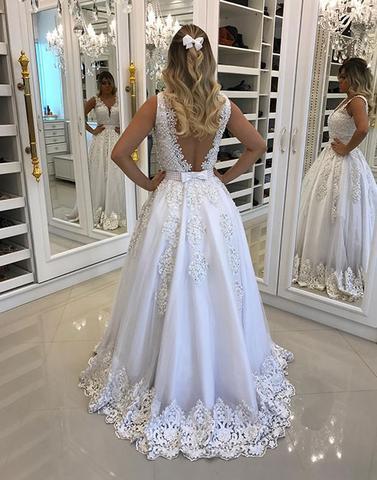 formal A-line v-neck White long princess prom dresses, PD6570