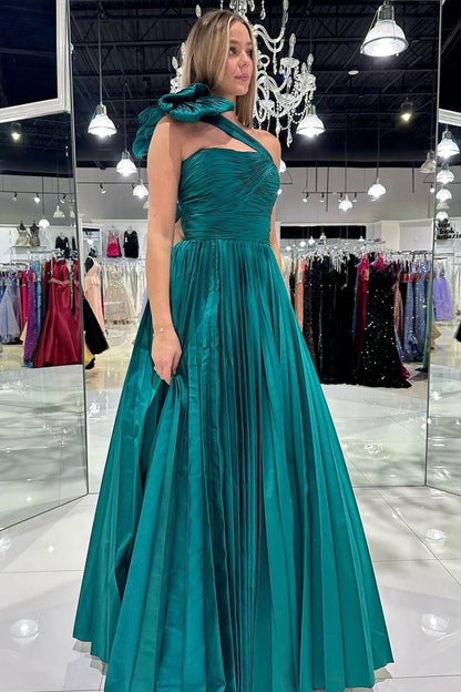 One Shoulder A Line Green Pleated Long Prom Dress with Bow, PD25103