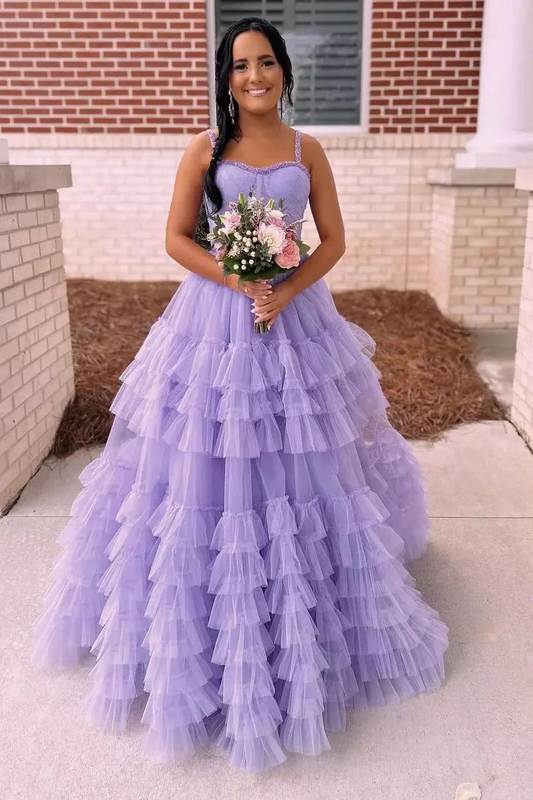 Lilac Sweetheart Ruffle Tulle A-Line Long Prom Dresses, PD2404243