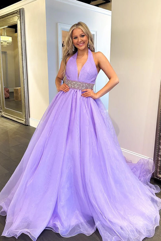 Long Lilac A-Line Halter Prom Dresses with Beadings, PD2404104