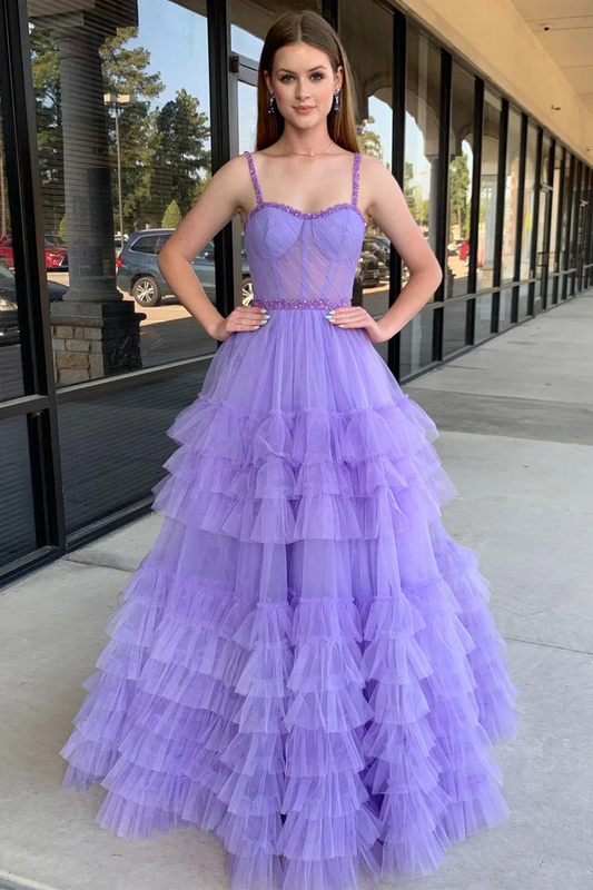 Lilac Sweetheart Ruffle Tulle A-Line Long Prom Dresses, PD2404243