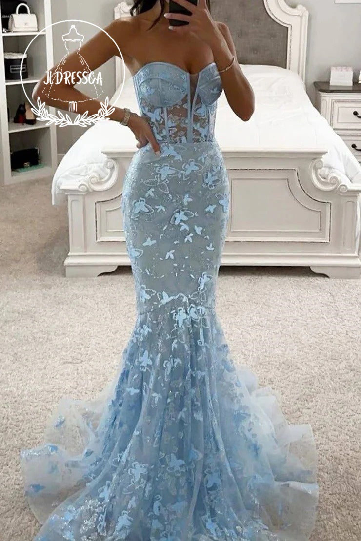 Light Blue Sweetheart Mermaid Sequin Lace Corset Gorgeous Prom Dress, PD25901