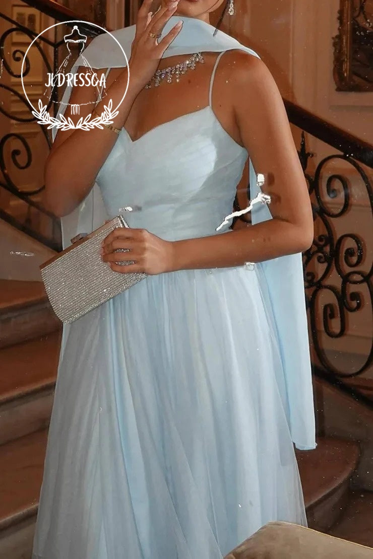 Elegant Long A Line Sky Blue Prom Dress with Spaghetti Straps and Split Front, PD25931