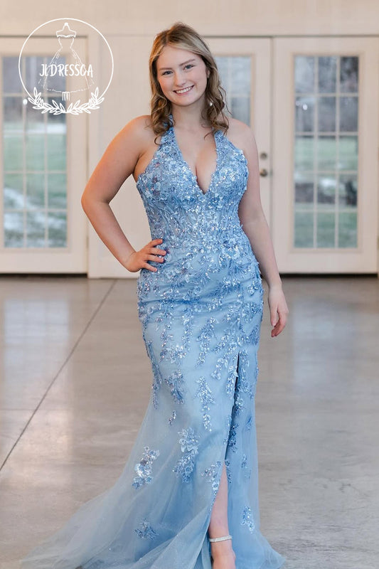 Blue Halter Mermaid Sequin Lace Long Prom Dress with Slit, PD25821