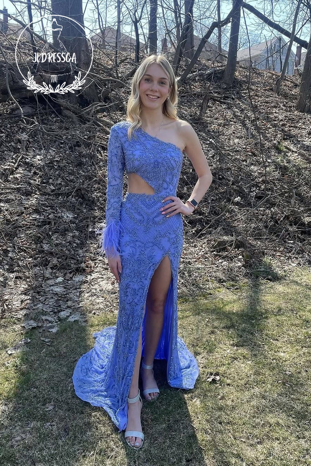 Lavender One Shoulder Long Sleeve Mermaid Sequins Long Prom Dress with Slit, PD25841