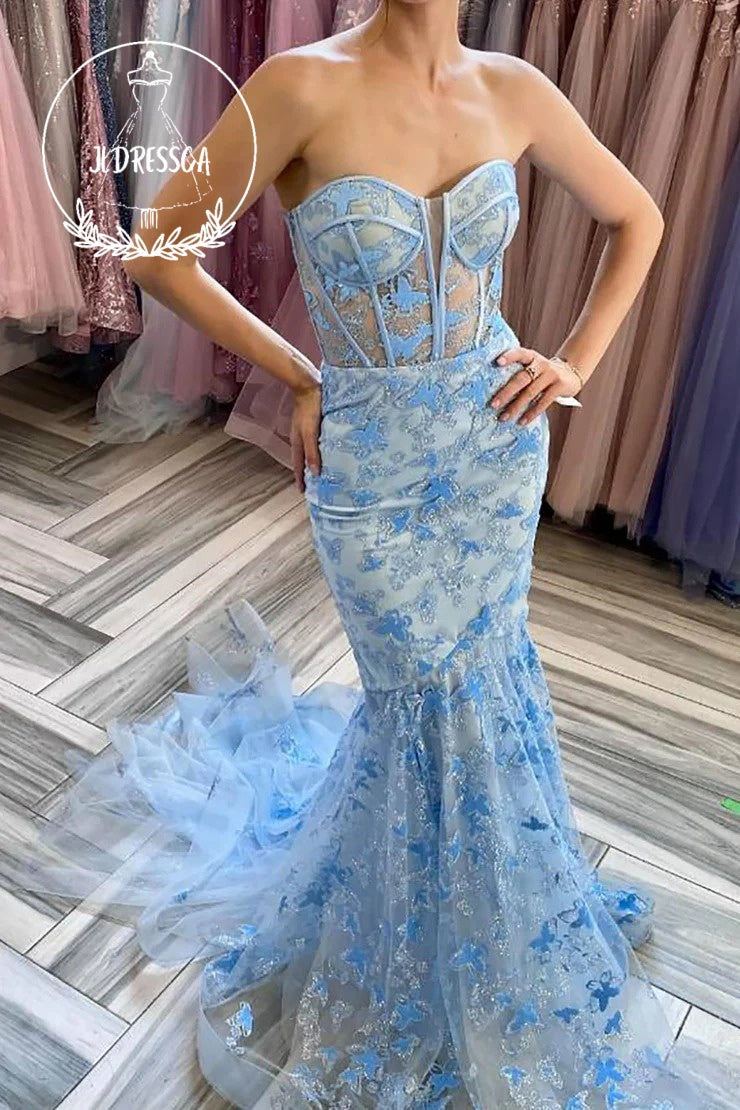 Light Blue Sweetheart Mermaid Sequin Lace Corset Gorgeous Prom Dress, PD25901