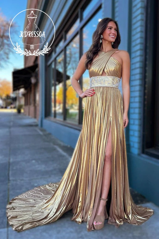 Champagne Halter Long Prom Dress with Slit and Cutout, PD25891