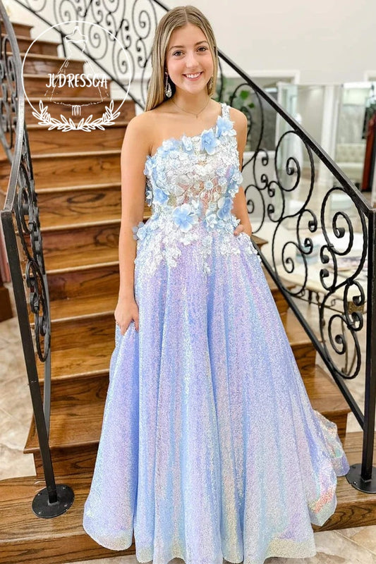 Lilac One Shoulder Sequin 3D Flowers Long Formal Dress, PD25871