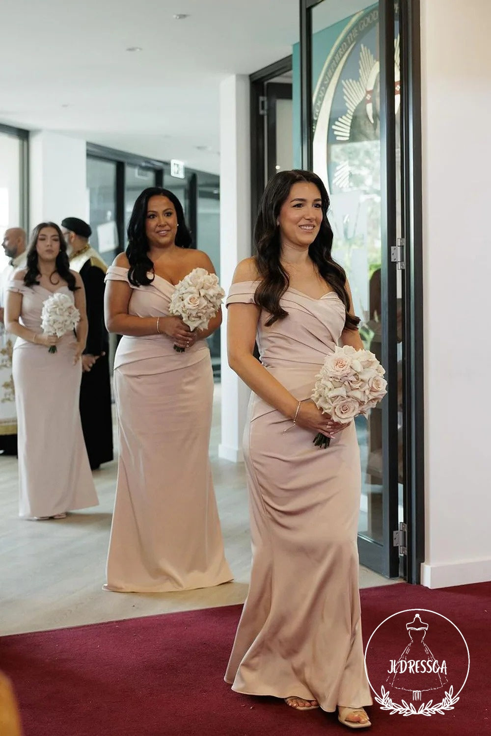 Blush Elegant Mermaid Off-the-Shoulder Elastic Satin Long Bridesmaid Dresses, BD25021