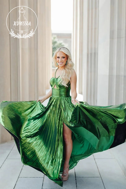 Green Halter A-Line Satin Pleated Keyhole Long Prom Dress, PD25881