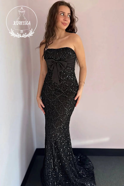 Black Strapless Mermaid Sequins Long Prom Dress with Bowknot, PD25861