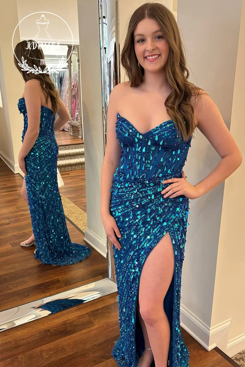 Blue Strapless Mermaid Sequins Long Prom Dress with Slit, PD25831