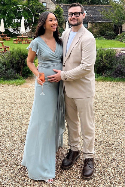 Chiffon Simple A Line Slit Bridesmaid Dress with Flared Sleeves, BD25041