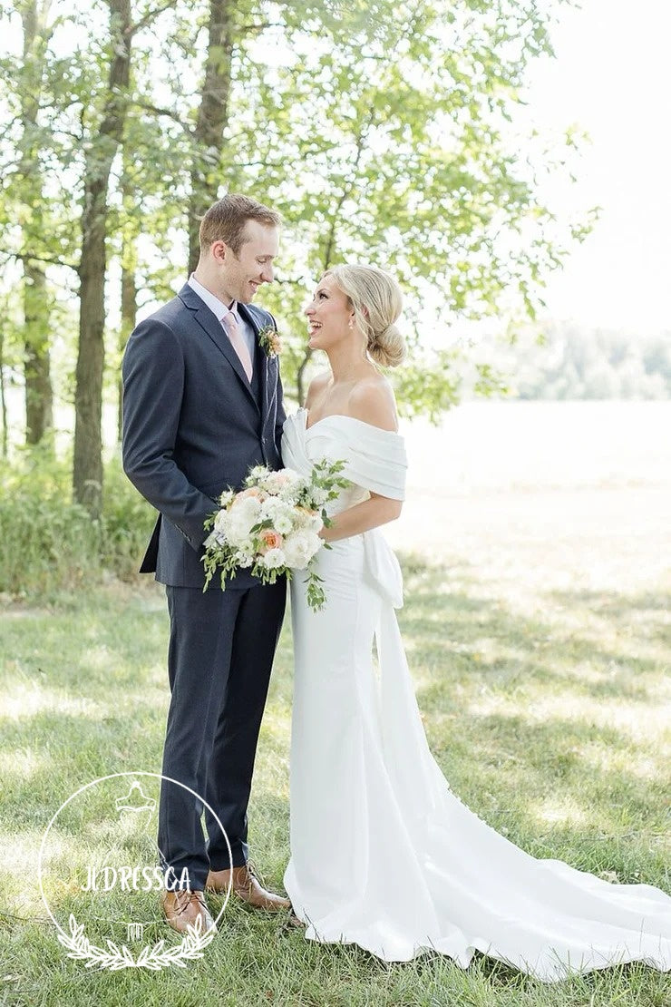 White Long Mermaid Off the Shoulder Satin Wedding Dress with Big Bowknot, WD25010