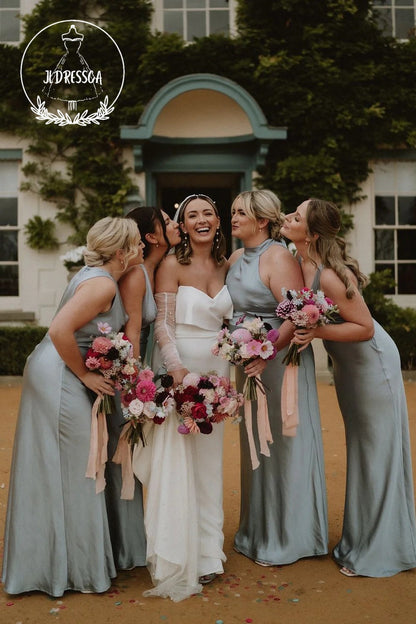 Dusty Grey Blue Sheath Halter Elegant Long Bridesmaid Dresses, BD25051