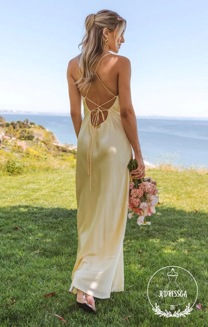 Yellow Spaghetti Straps V Neck Simple Silk Satin Prom Dresses, BD25011