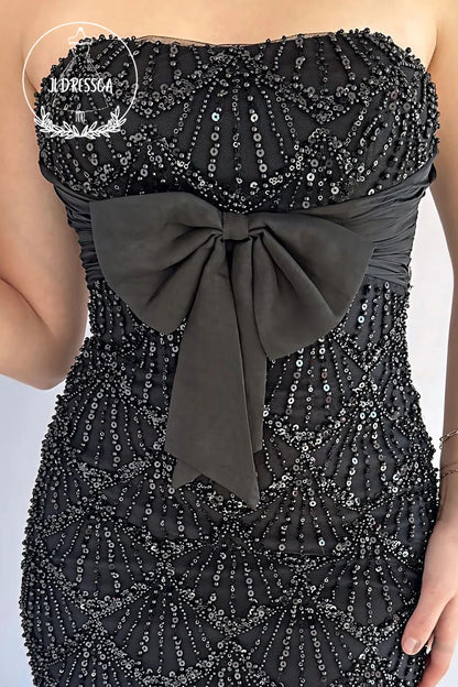 Black Strapless Mermaid Sequins Long Prom Dress with Bowknot, PD25861