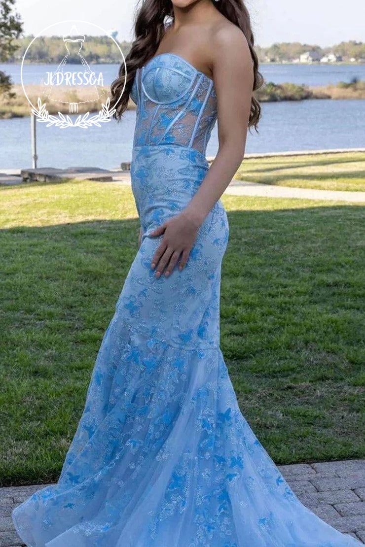 Light Blue Sweetheart Mermaid Sequin Lace Corset Gorgeous Prom Dress, PD25901