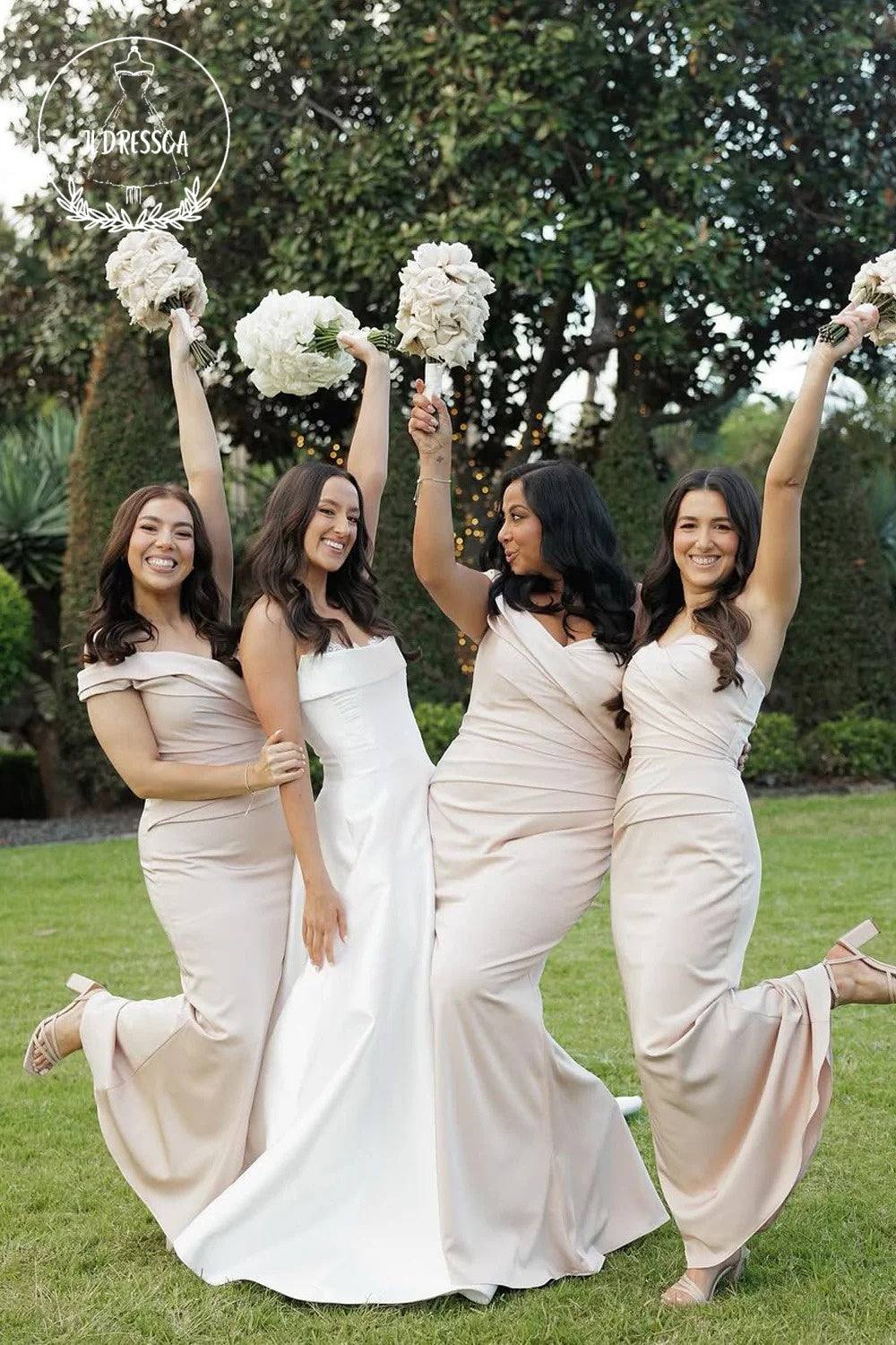 Blush Elegant Mermaid Off-the-Shoulder Elastic Satin Long Bridesmaid Dresses, BD25021