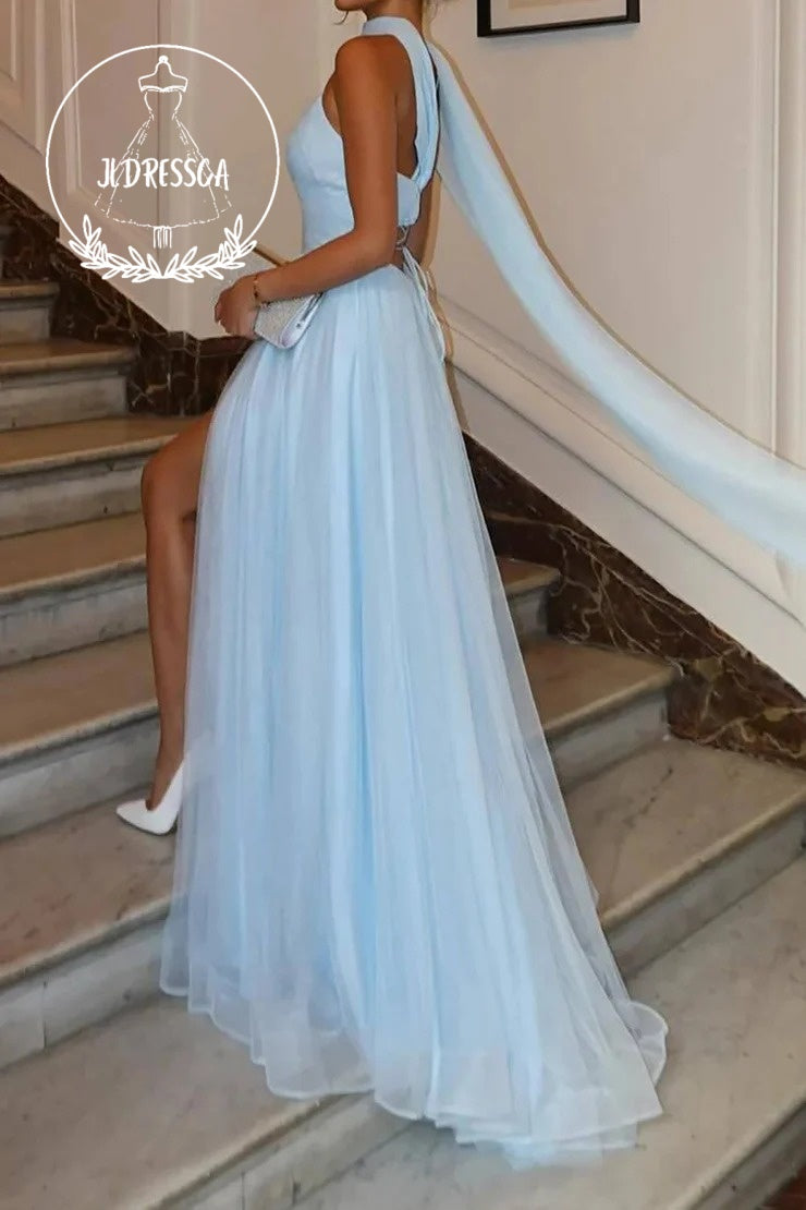 Elegant Long A Line Sky Blue Prom Dress with Spaghetti Straps and Split Front, PD25931