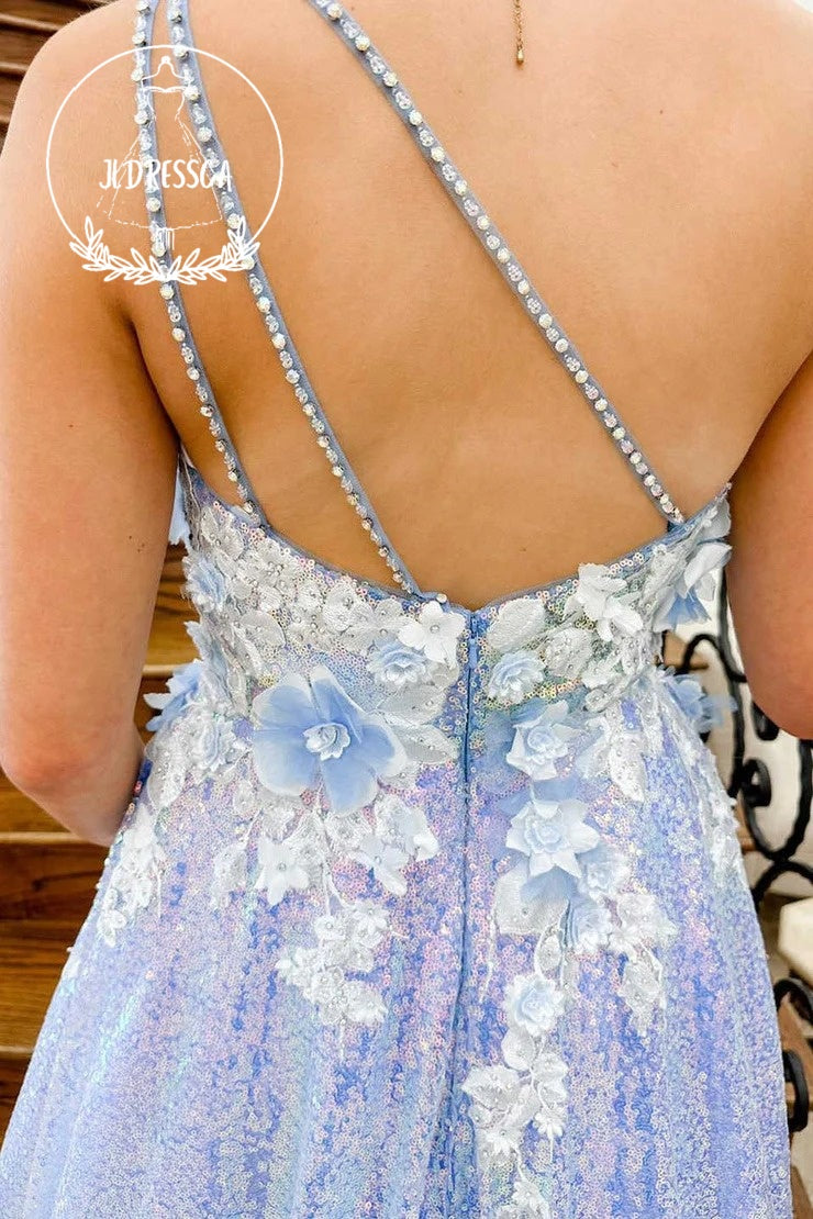 Lilac One Shoulder Sequin 3D Flowers Long Formal Dress, PD25871