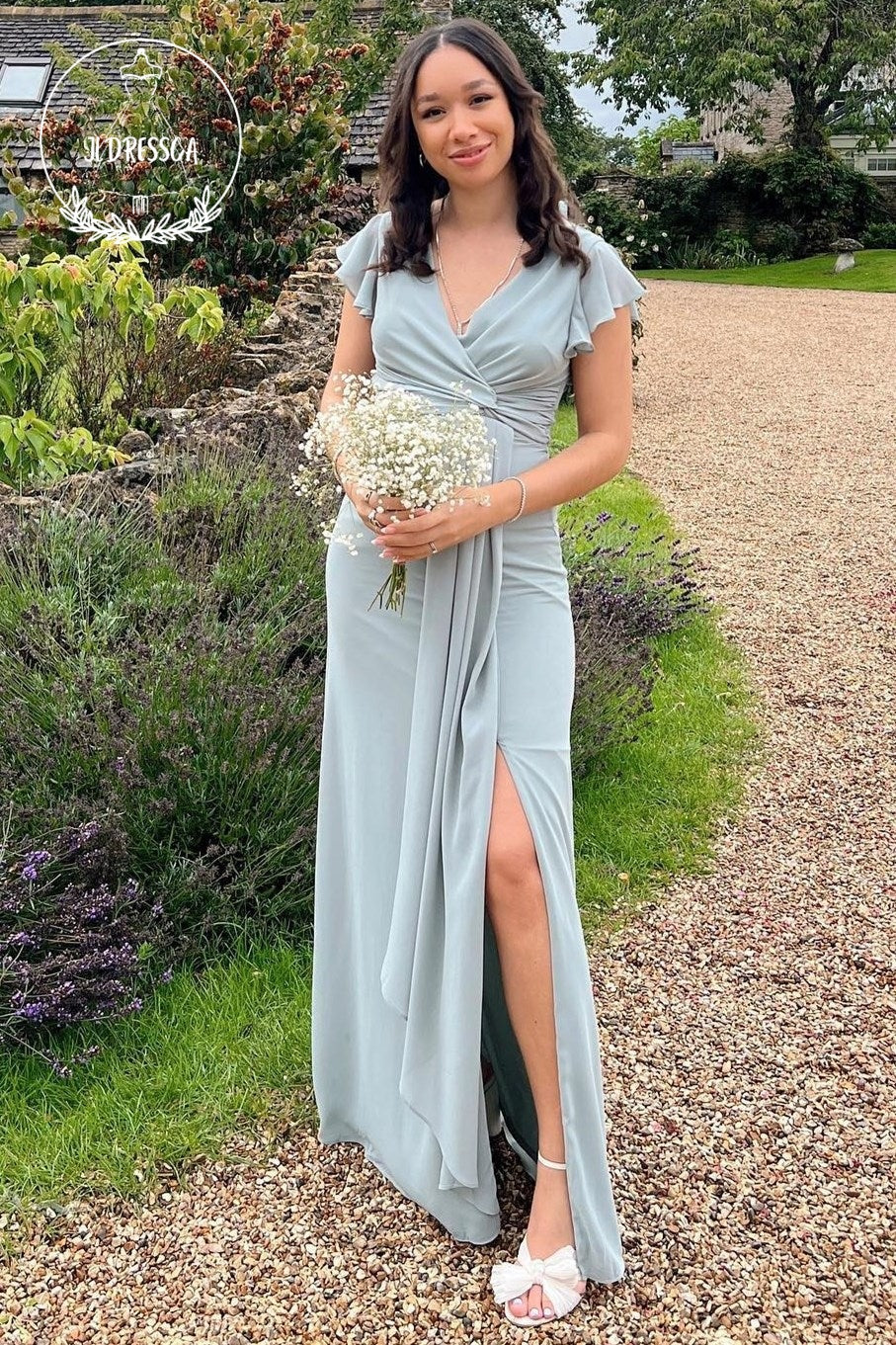 Chiffon Simple A Line Slit Bridesmaid Dress with Flared Sleeves, BD25041