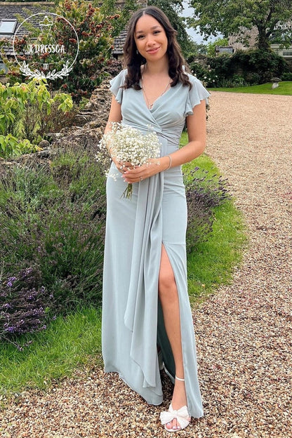 Chiffon Simple A Line Slit Bridesmaid Dress with Flared Sleeves, BD25041