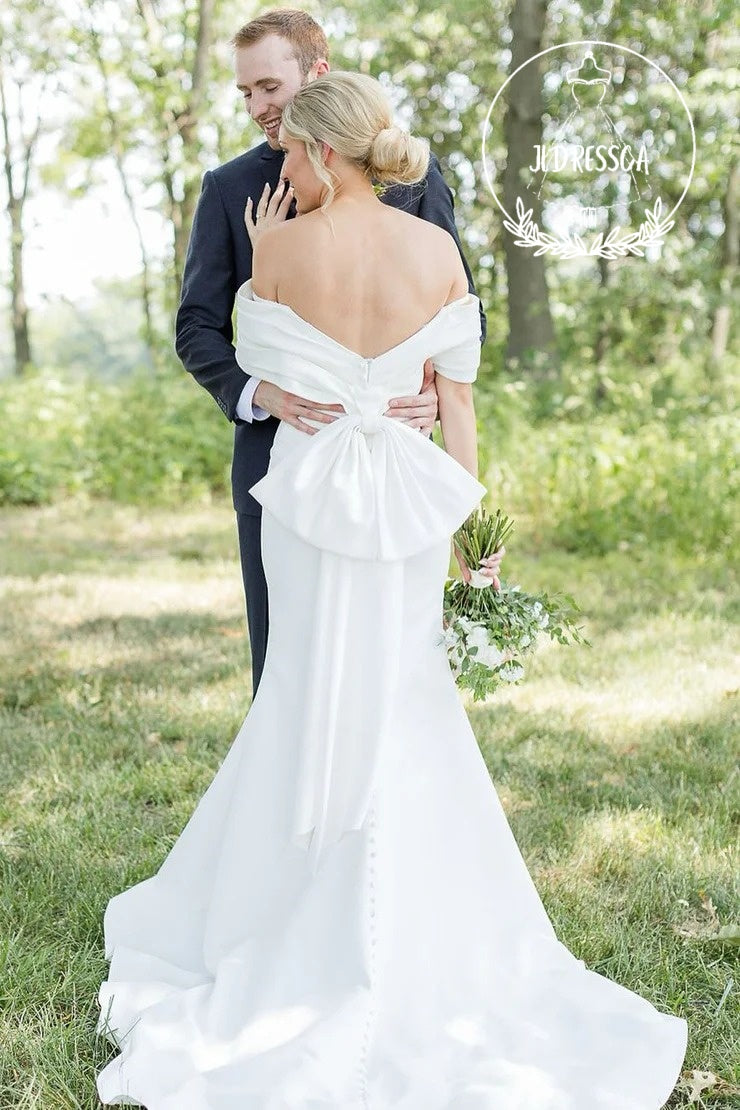 White Long Mermaid Off the Shoulder Satin Wedding Dress with Big Bowknot, WD25010
