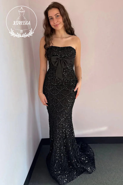 Black Strapless Mermaid Sequins Long Prom Dress with Bowknot, PD25861