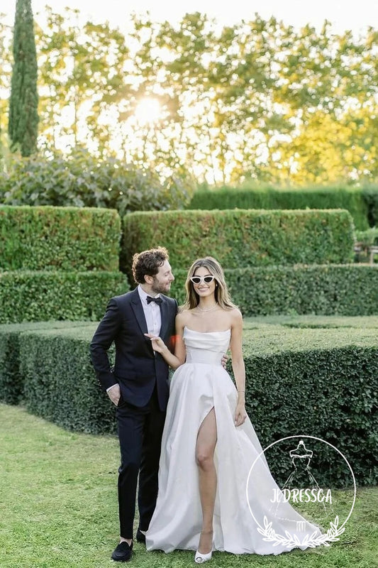 White A-Line Strapless Satin Wedding Dresses, WD25031