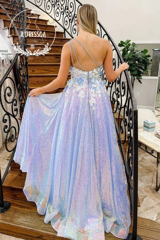 Lilac One Shoulder Sequin 3D Flowers Long Formal Dress, PD25871