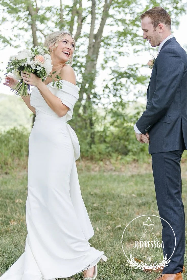 White Long Mermaid Off the Shoulder Satin Wedding Dress with Big Bowknot, WD25010